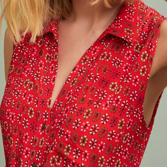 MAEVE (by Anthropologie) Vicki Red Geometric Floral Shirtdress Sleeveless Midi 2 - Picture 5 of 11
